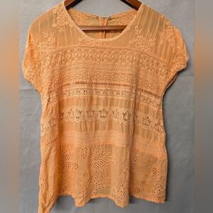 Johnny Was 🏵️Peach Eyelet Lace Short Sleeve Blouse Size Small
